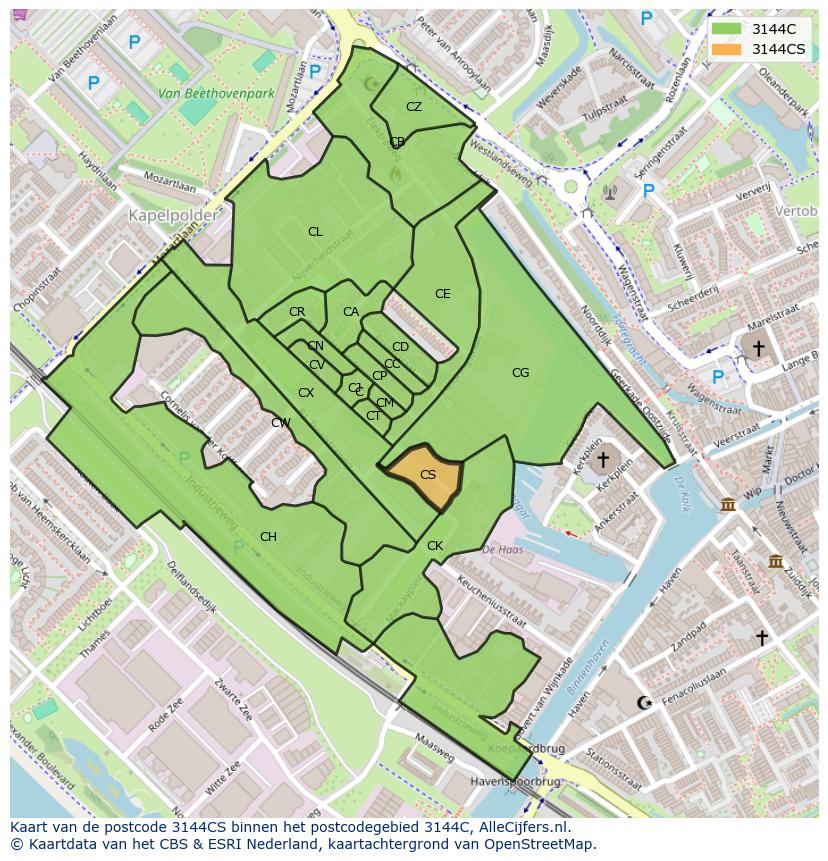Afbeelding van het postcodegebied 3144 CS op de kaart.