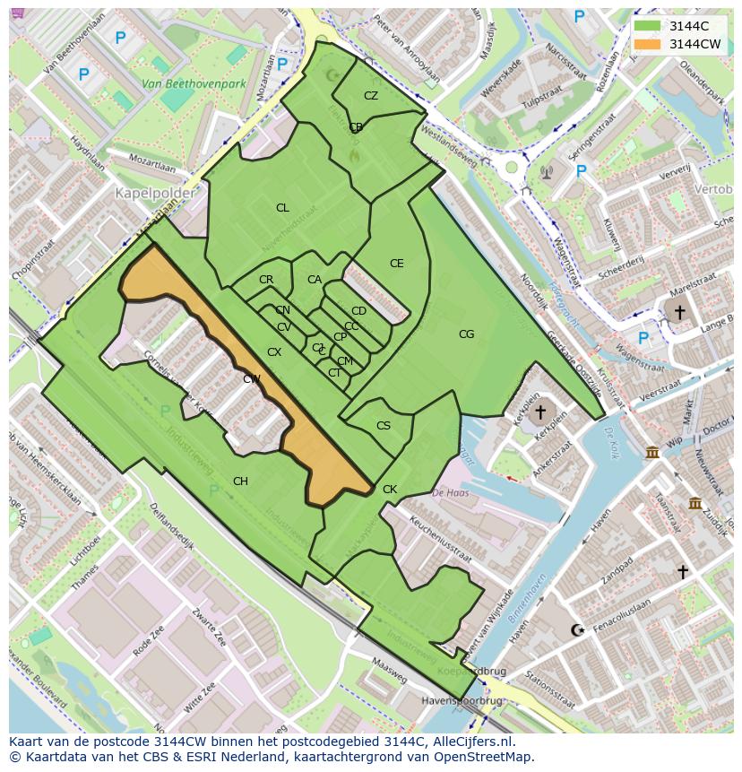 Afbeelding van het postcodegebied 3144 CW op de kaart.