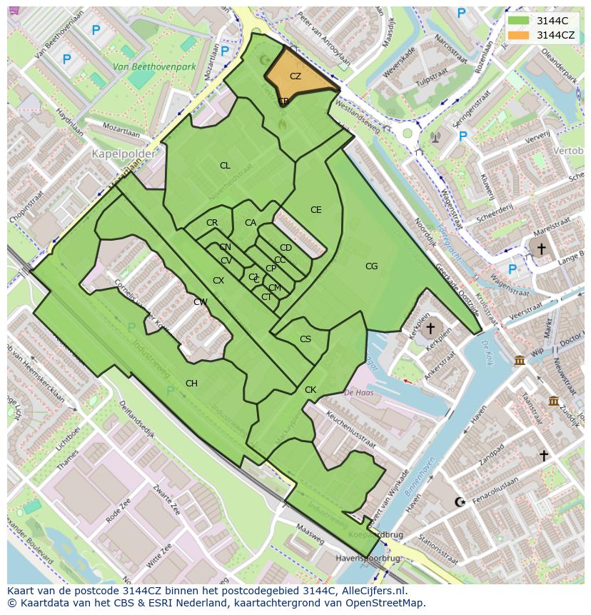 Afbeelding van het postcodegebied 3144 CZ op de kaart.