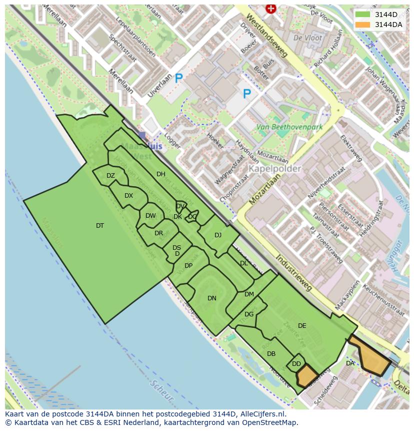 Afbeelding van het postcodegebied 3144 DA op de kaart.