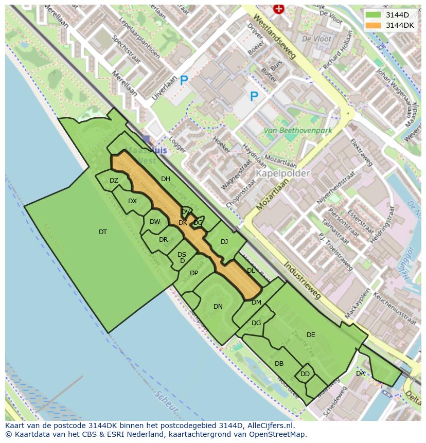 Afbeelding van het postcodegebied 3144 DK op de kaart.