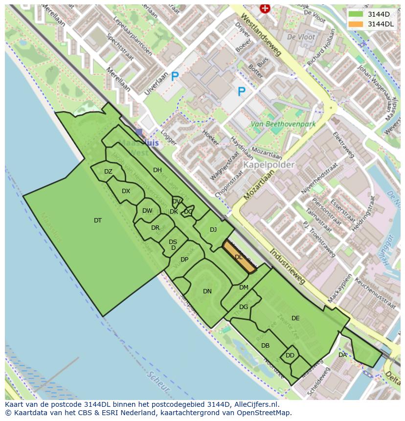 Afbeelding van het postcodegebied 3144 DL op de kaart.