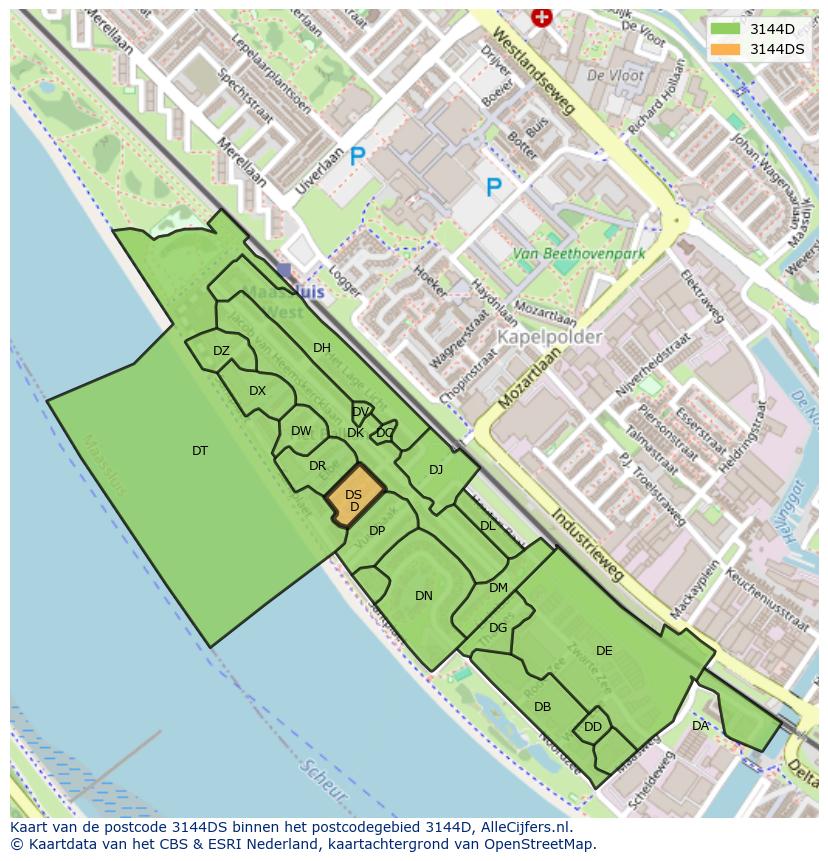 Afbeelding van het postcodegebied 3144 DS op de kaart.