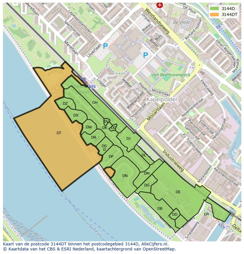 Afbeelding van het postcodegebied 3144 DT op de kaart.