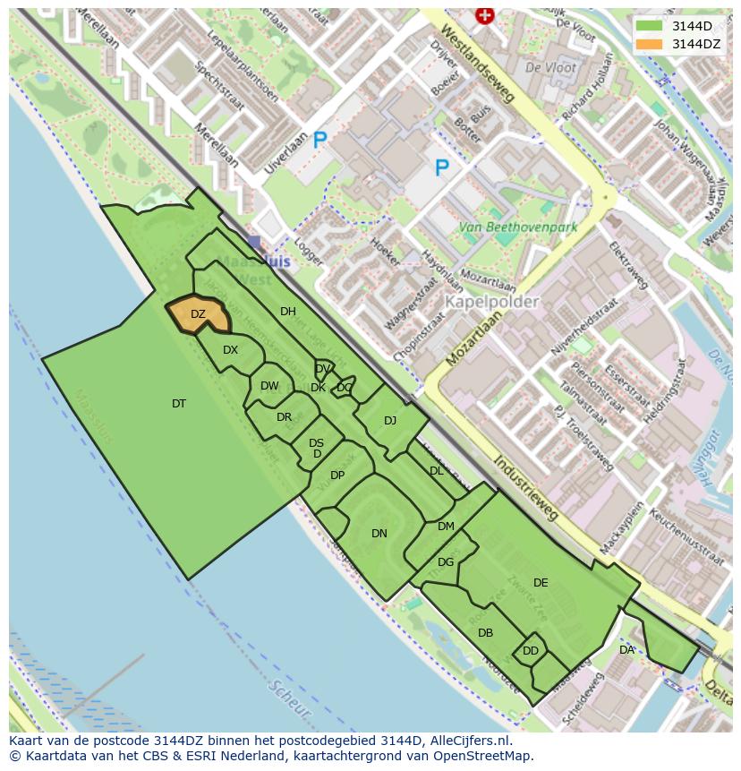 Afbeelding van het postcodegebied 3144 DZ op de kaart.