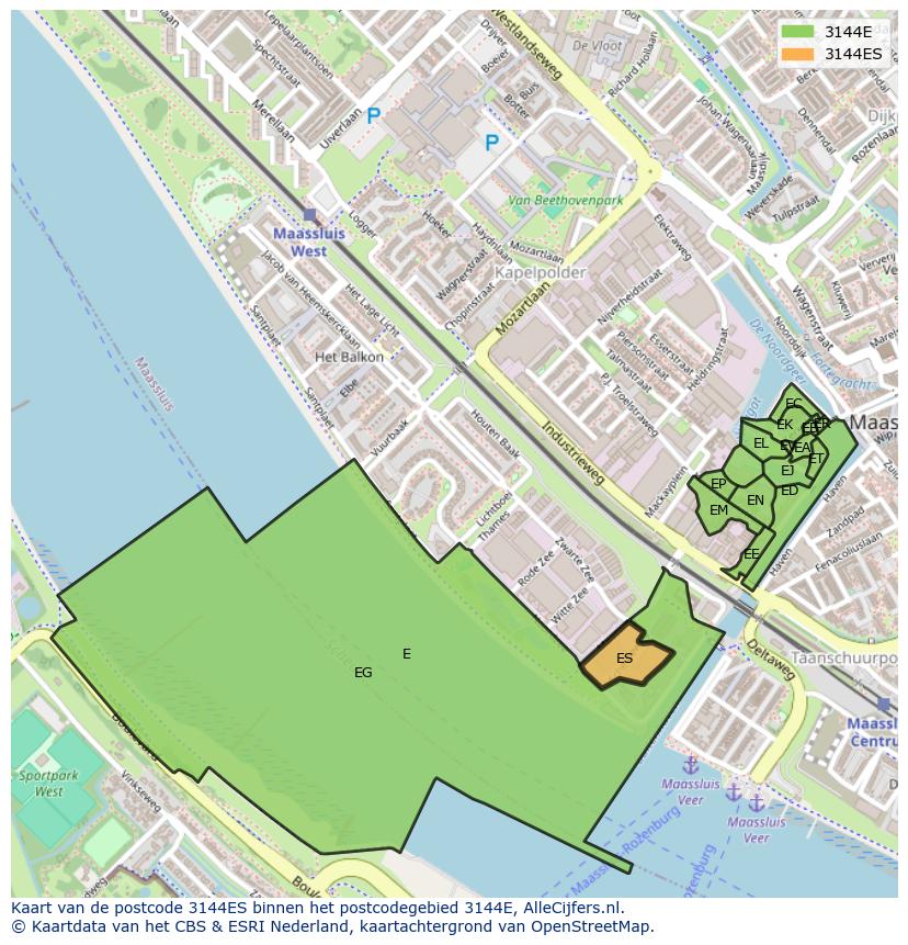 Afbeelding van het postcodegebied 3144 ES op de kaart.