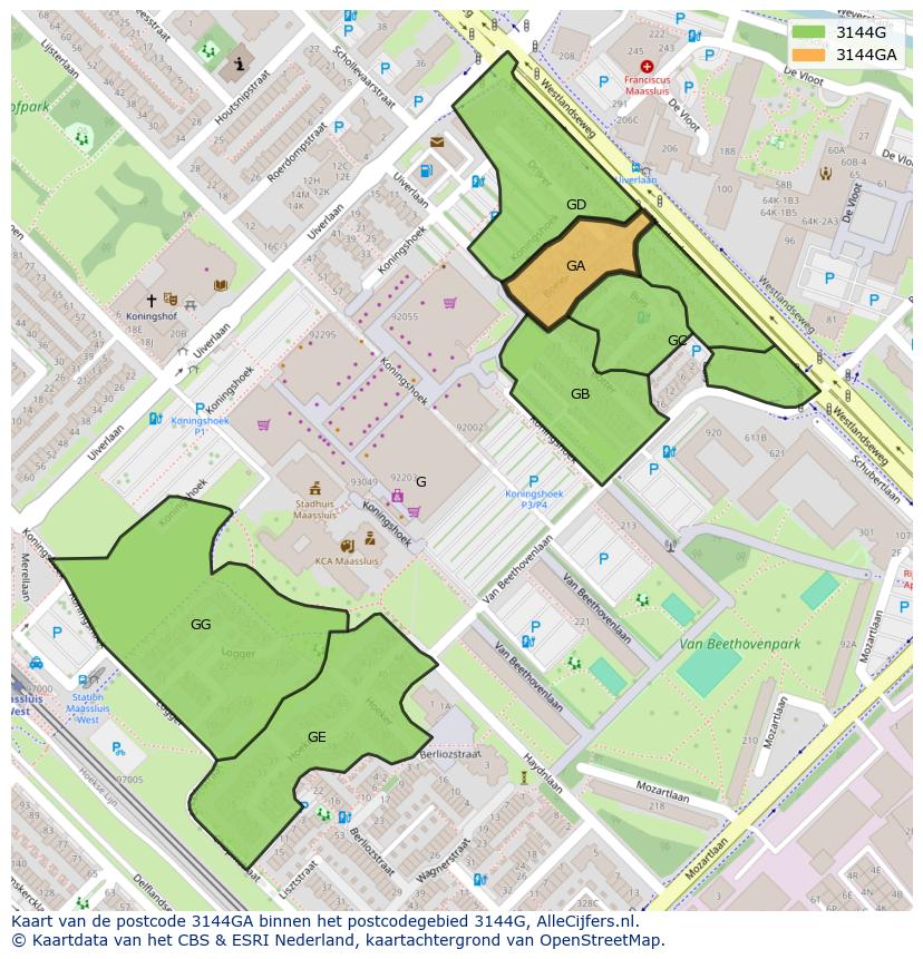 Afbeelding van het postcodegebied 3144 GA op de kaart.