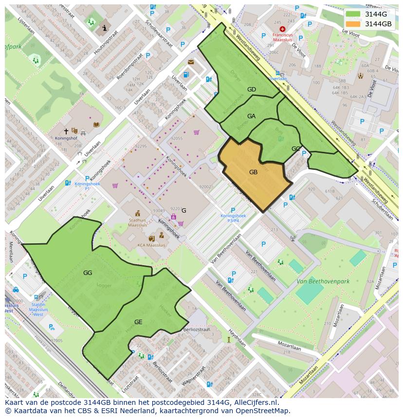 Afbeelding van het postcodegebied 3144 GB op de kaart.