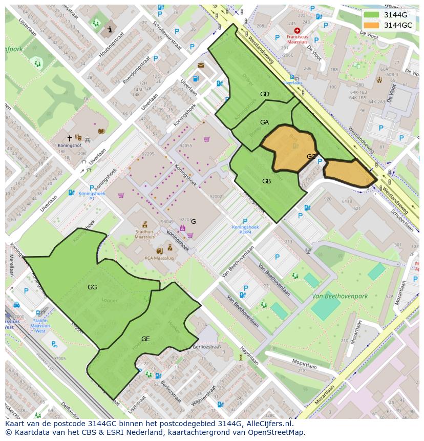 Afbeelding van het postcodegebied 3144 GC op de kaart.