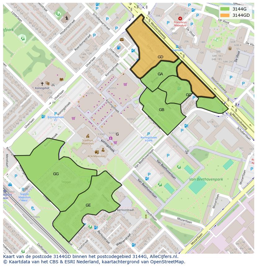 Afbeelding van het postcodegebied 3144 GD op de kaart.