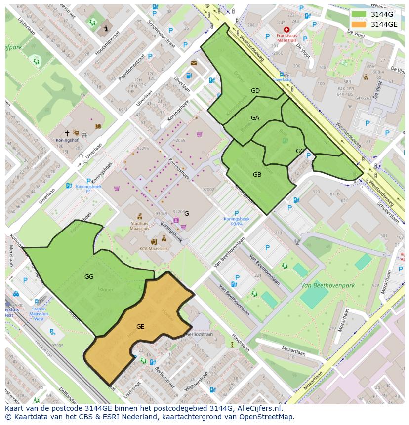 Afbeelding van het postcodegebied 3144 GE op de kaart.
