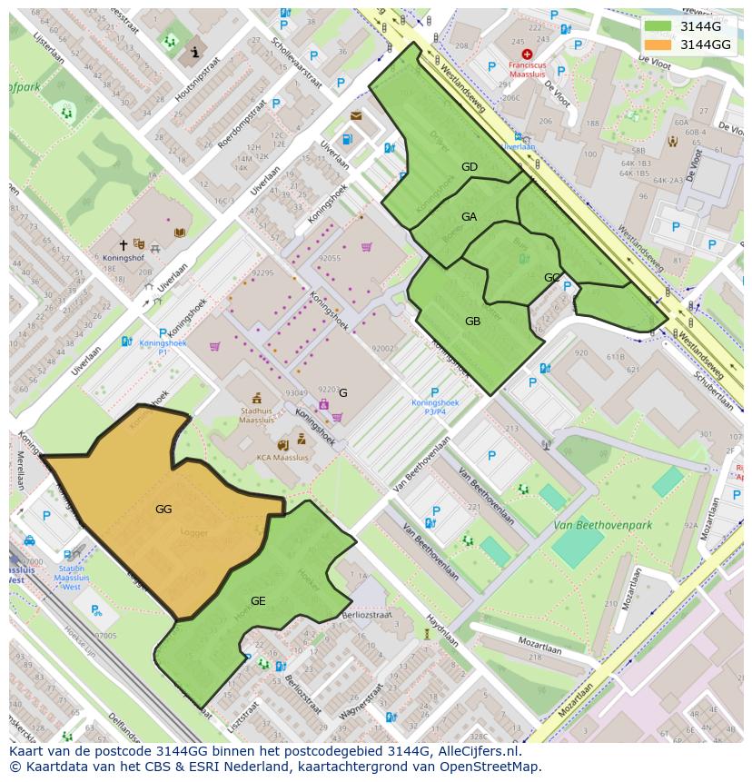 Afbeelding van het postcodegebied 3144 GG op de kaart.