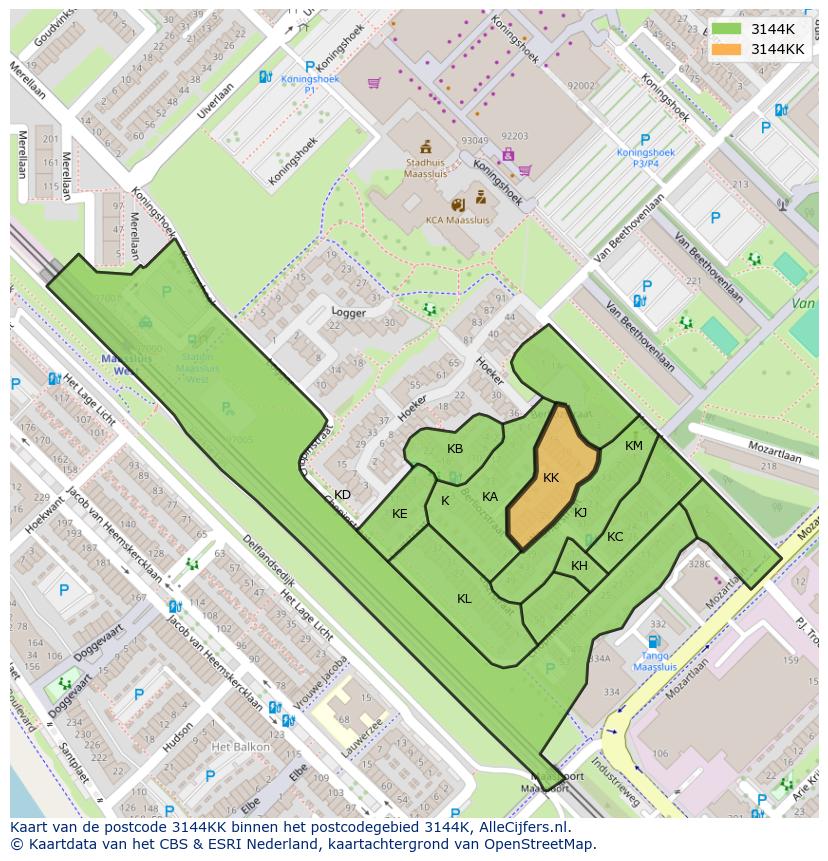 Afbeelding van het postcodegebied 3144 KK op de kaart.