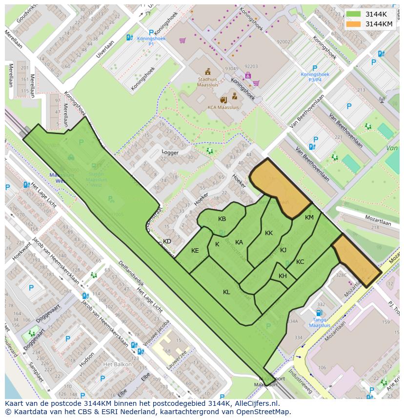 Afbeelding van het postcodegebied 3144 KM op de kaart.