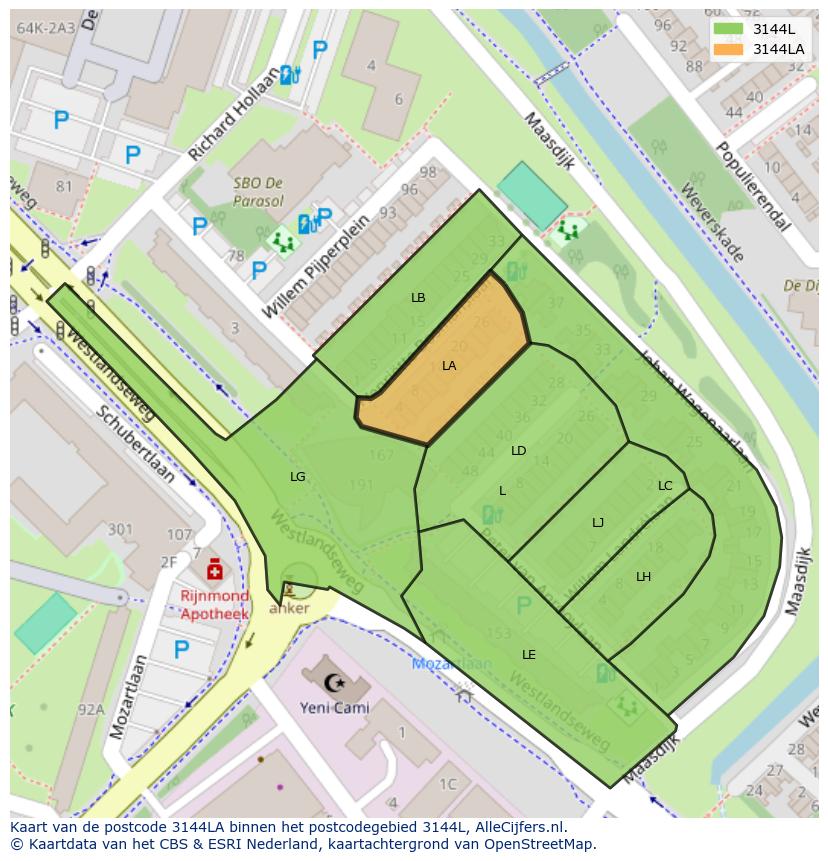 Afbeelding van het postcodegebied 3144 LA op de kaart.