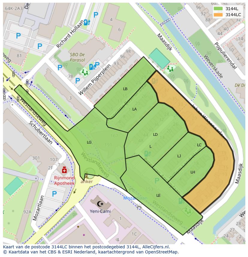 Afbeelding van het postcodegebied 3144 LC op de kaart.