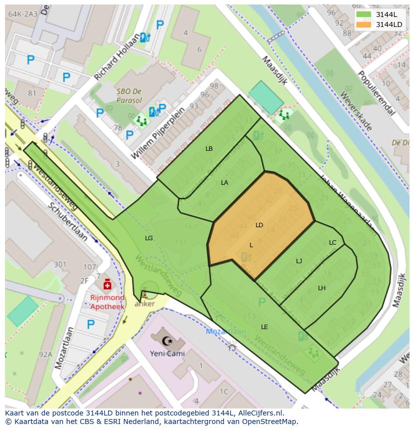 Afbeelding van het postcodegebied 3144 LD op de kaart.