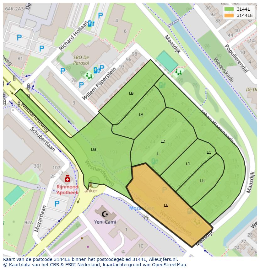 Afbeelding van het postcodegebied 3144 LE op de kaart.