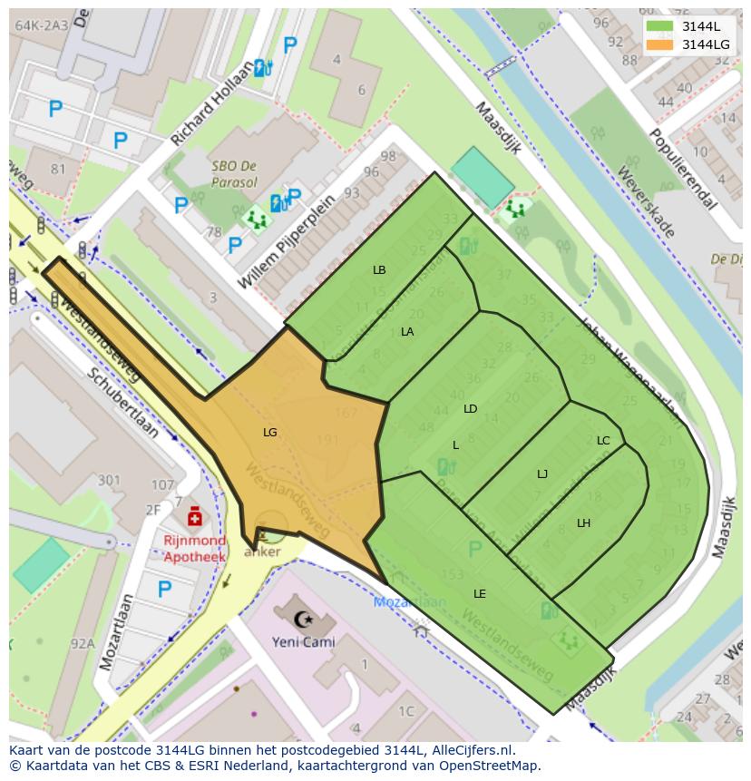 Afbeelding van het postcodegebied 3144 LG op de kaart.