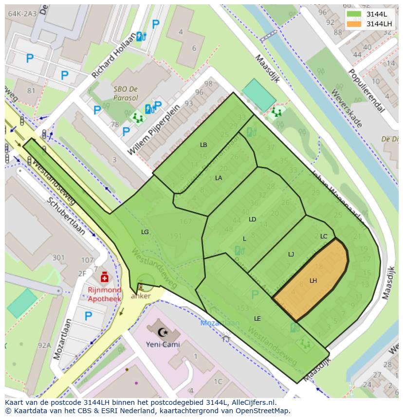 Afbeelding van het postcodegebied 3144 LH op de kaart.