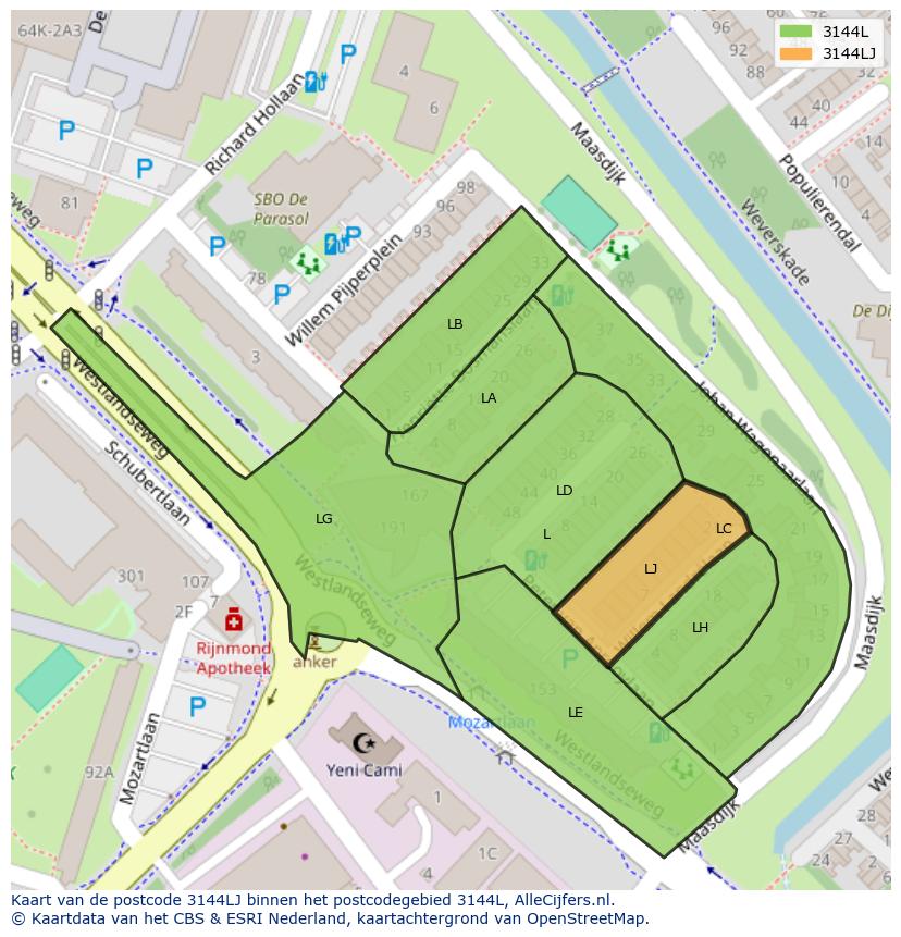 Afbeelding van het postcodegebied 3144 LJ op de kaart.