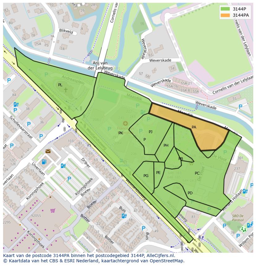 Afbeelding van het postcodegebied 3144 PA op de kaart.