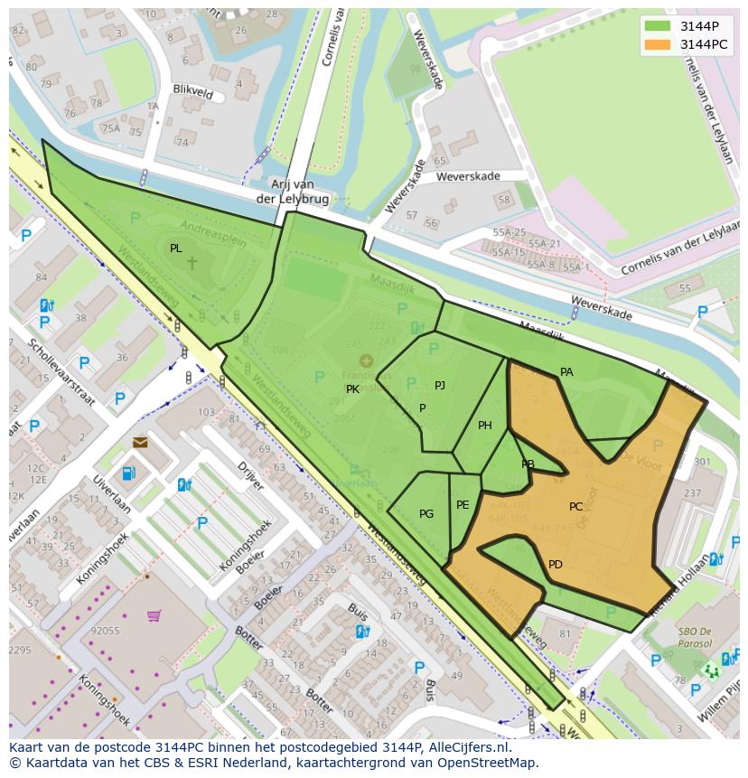 Afbeelding van het postcodegebied 3144 PC op de kaart.