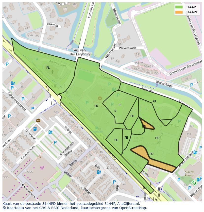 Afbeelding van het postcodegebied 3144 PD op de kaart.