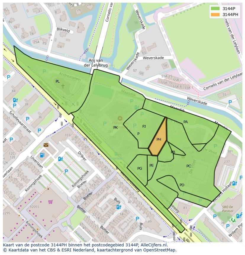 Afbeelding van het postcodegebied 3144 PH op de kaart.