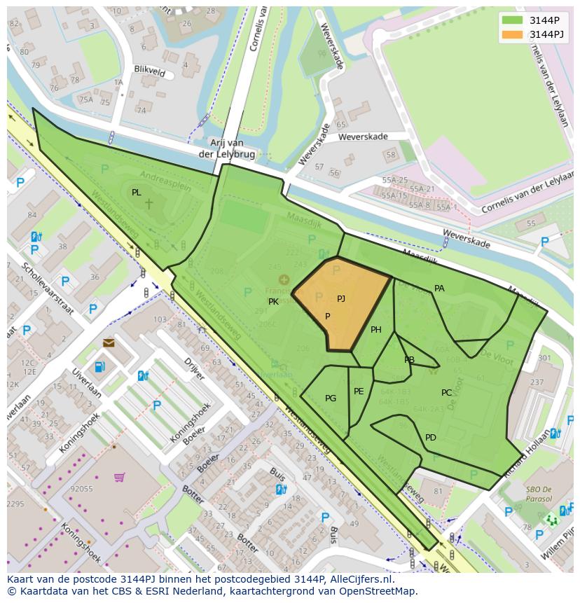 Afbeelding van het postcodegebied 3144 PJ op de kaart.