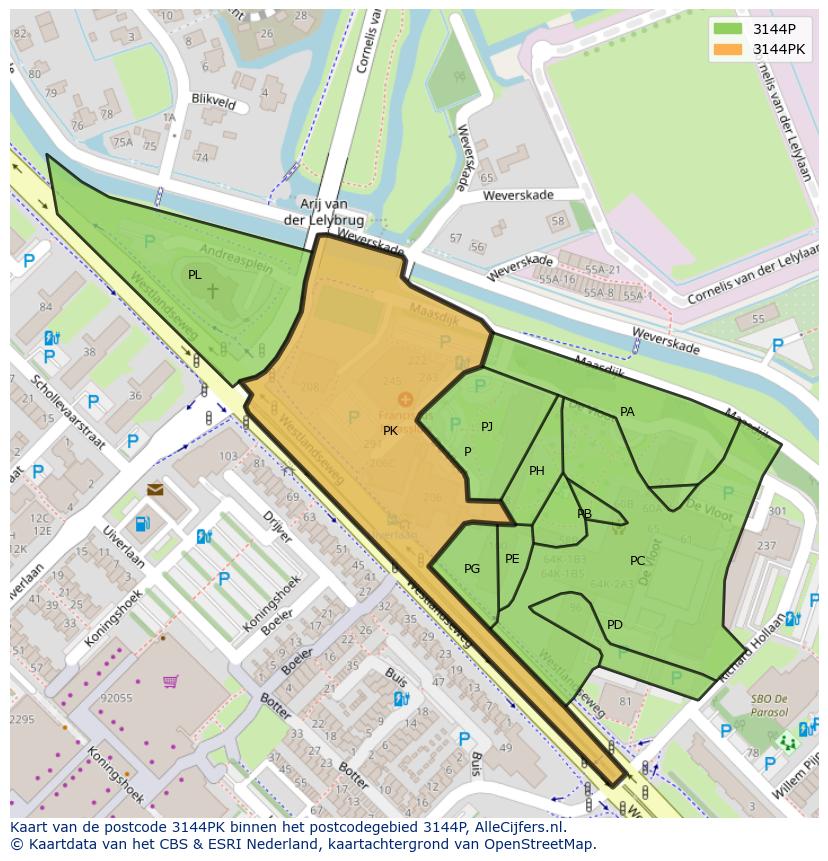 Afbeelding van het postcodegebied 3144 PK op de kaart.