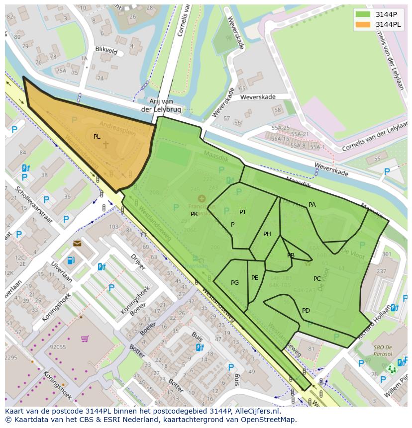 Afbeelding van het postcodegebied 3144 PL op de kaart.