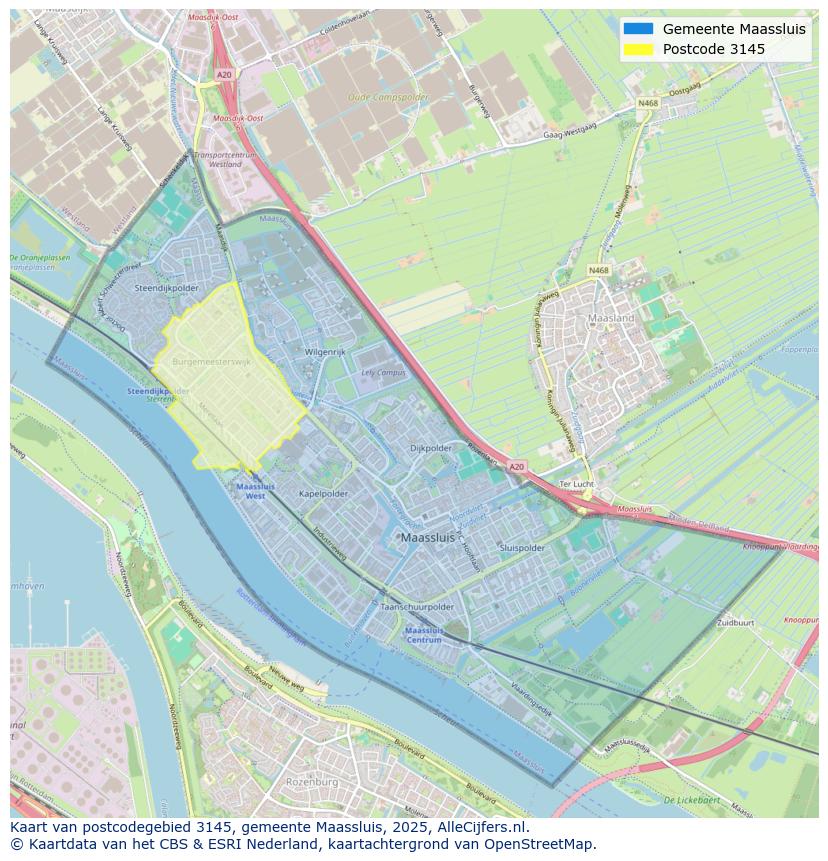 Afbeelding van het postcodegebied 3145 op de kaart.