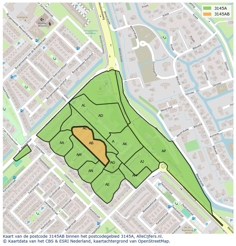 Afbeelding van het postcodegebied 3145 AB op de kaart.