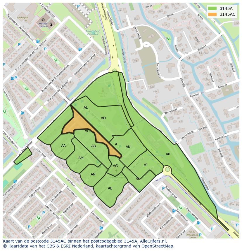 Afbeelding van het postcodegebied 3145 AC op de kaart.