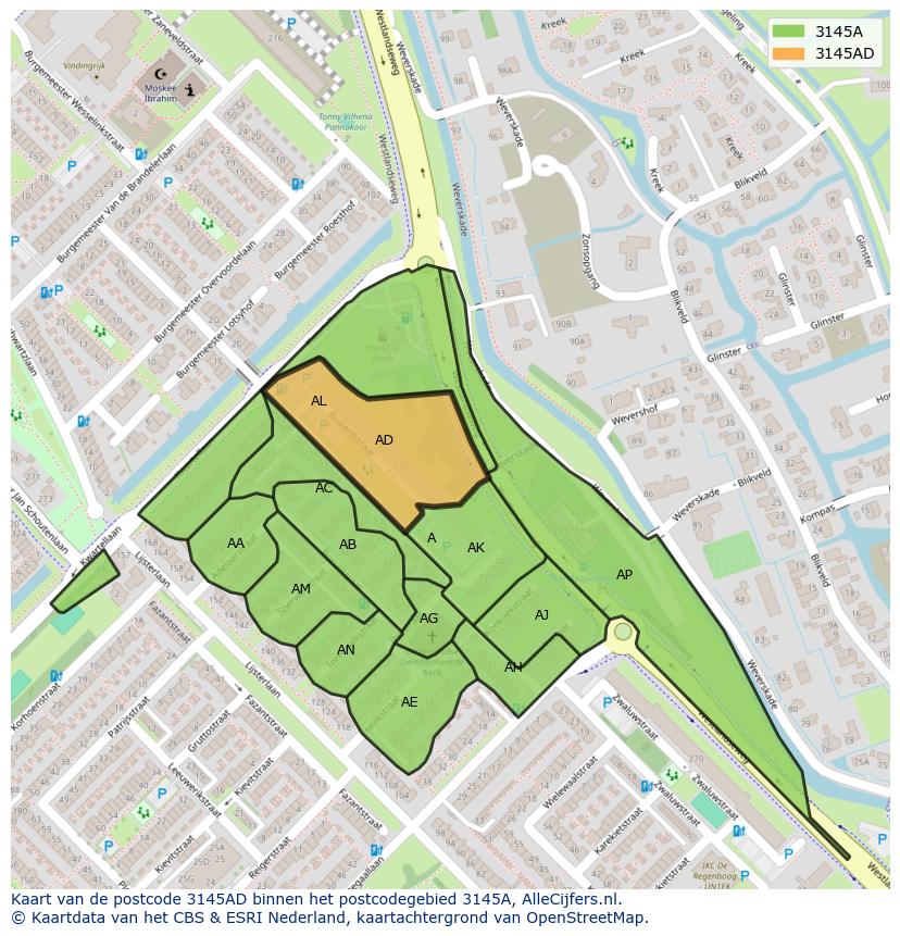 Afbeelding van het postcodegebied 3145 AD op de kaart.