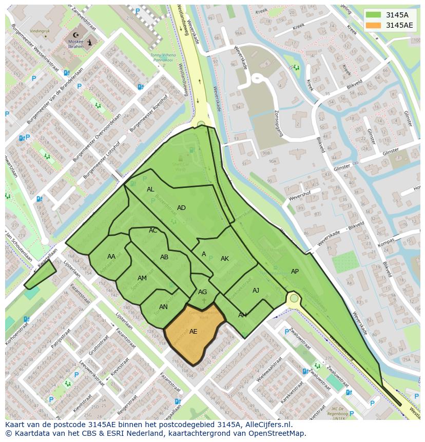Afbeelding van het postcodegebied 3145 AE op de kaart.