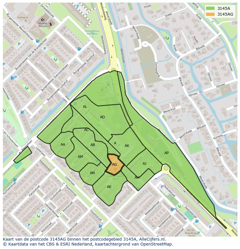 Afbeelding van het postcodegebied 3145 AG op de kaart.