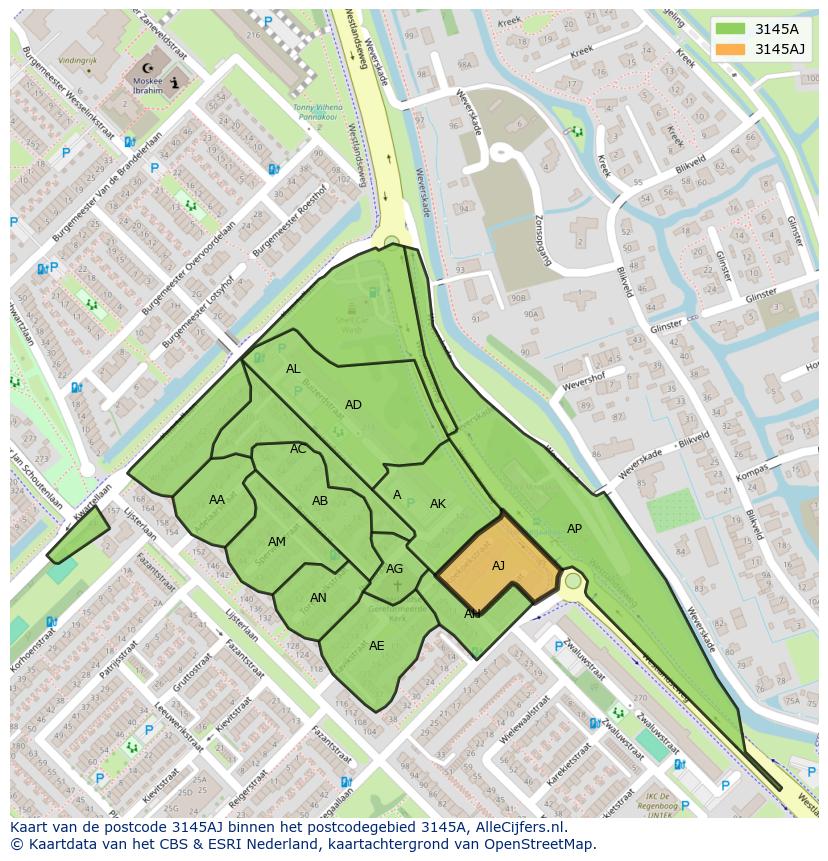 Afbeelding van het postcodegebied 3145 AJ op de kaart.