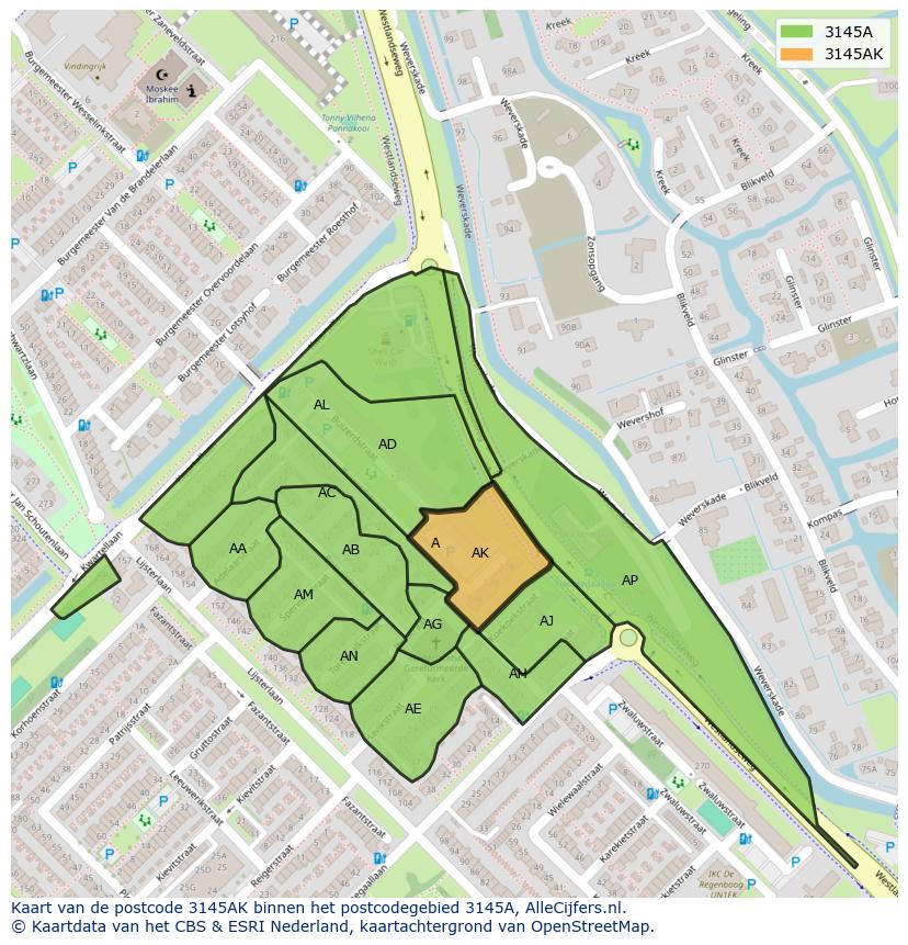 Afbeelding van het postcodegebied 3145 AK op de kaart.
