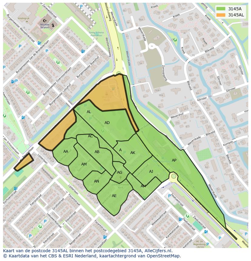 Afbeelding van het postcodegebied 3145 AL op de kaart.