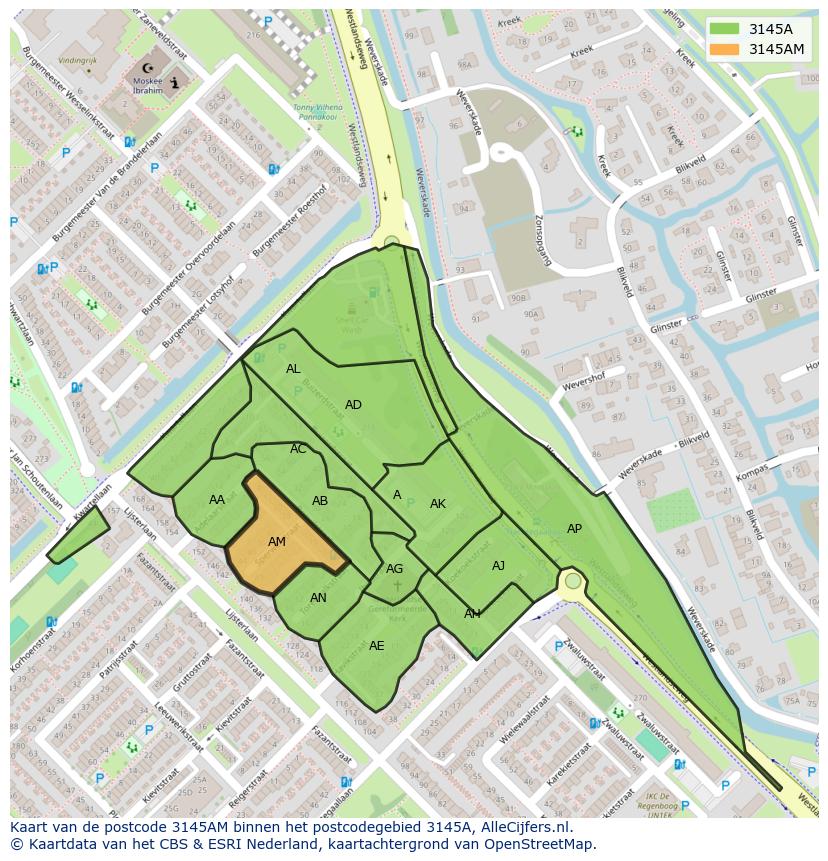 Afbeelding van het postcodegebied 3145 AM op de kaart.