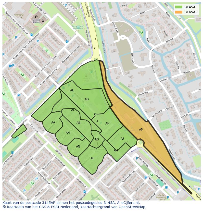 Afbeelding van het postcodegebied 3145 AP op de kaart.