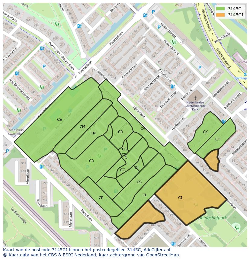 Afbeelding van het postcodegebied 3145 CJ op de kaart.