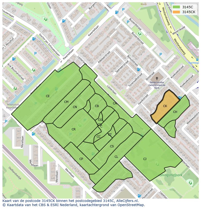 Afbeelding van het postcodegebied 3145 CK op de kaart.