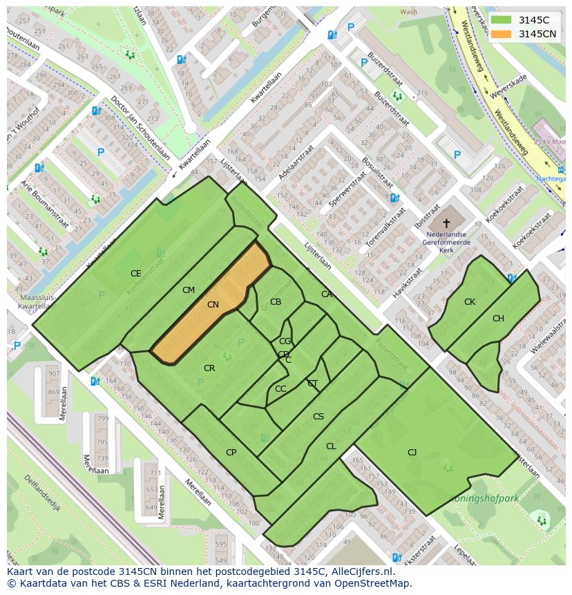Afbeelding van het postcodegebied 3145 CN op de kaart.