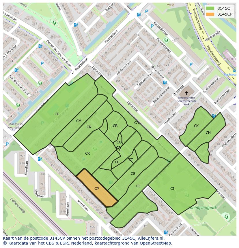 Afbeelding van het postcodegebied 3145 CP op de kaart.