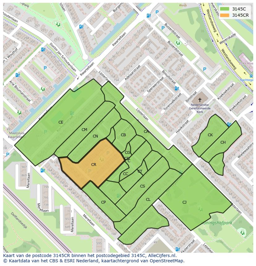 Afbeelding van het postcodegebied 3145 CR op de kaart.