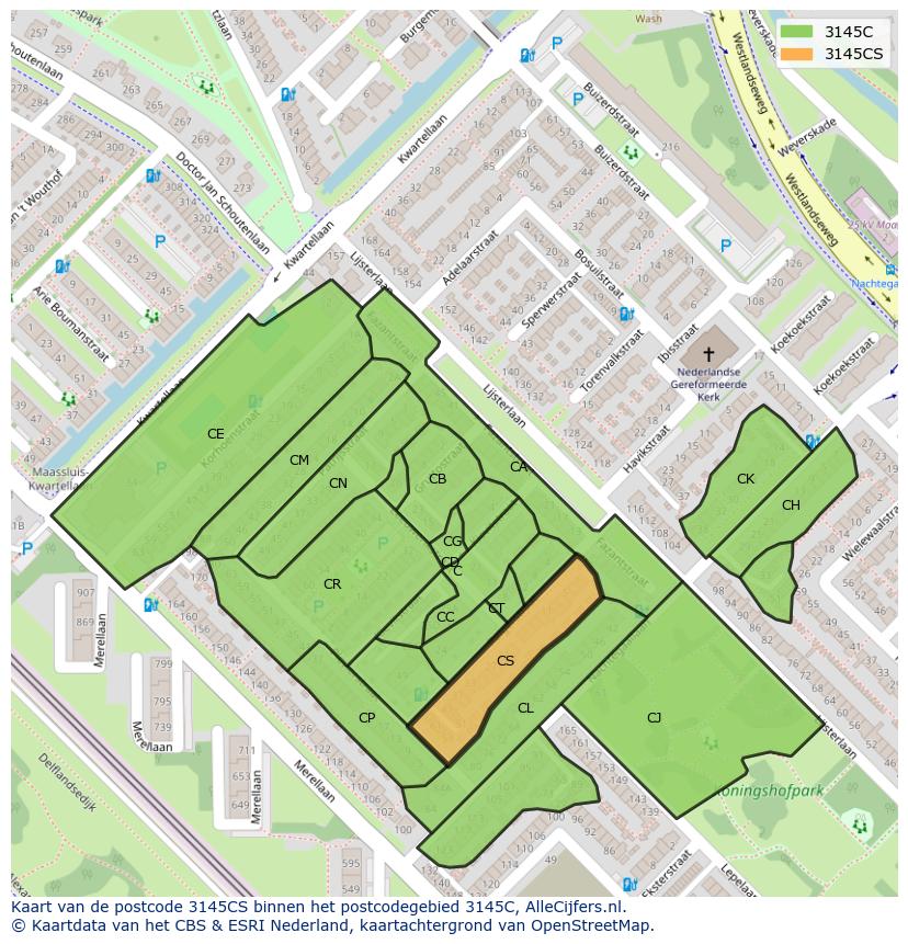 Afbeelding van het postcodegebied 3145 CS op de kaart.