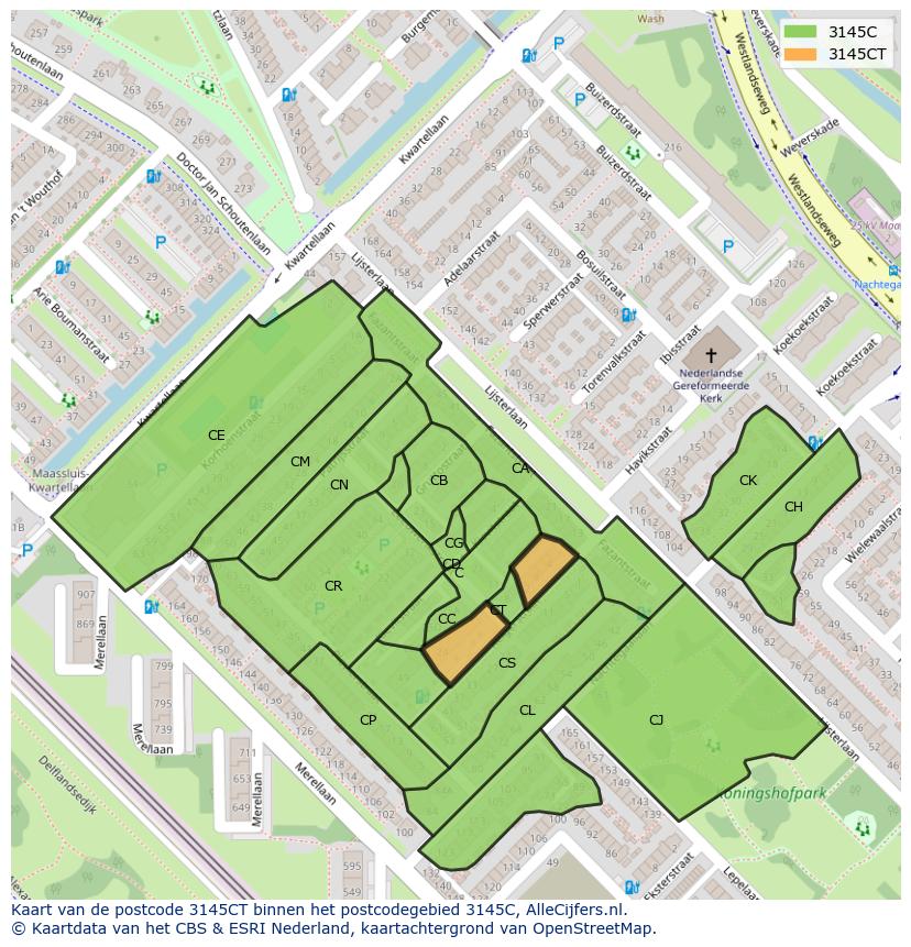 Afbeelding van het postcodegebied 3145 CT op de kaart.